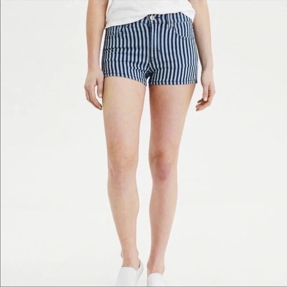 American Eagle AE High Rise Shortie Striped Denim Shorts Jean Size 4 - Picture 2 of 7